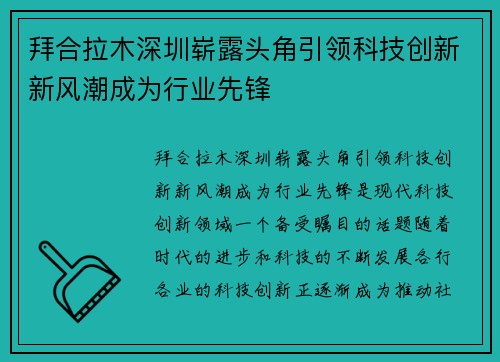 拜合拉木深圳崭露头角引领科技创新新风潮成为行业先锋
